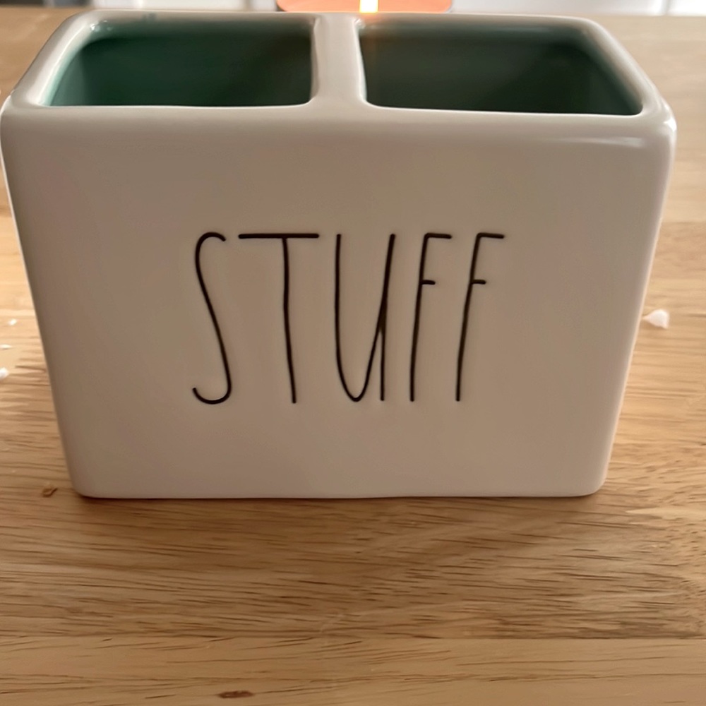 RD SALE! NEW- -Rae Dunn "Stuff"; ivory outside, teal inside